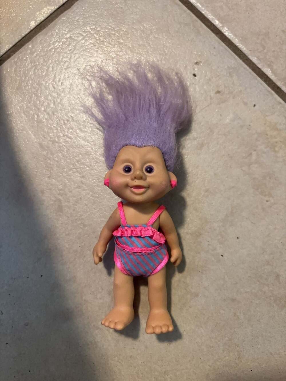 1992 Applause Troll Doll with Purple Hair and Striped Swimsuit